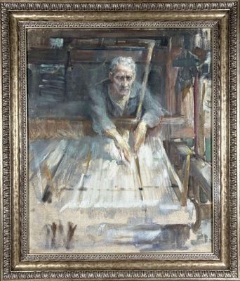 une peinture à l'huile représentant un homme assis à une table dans un atelier