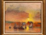 a painting of boats in a body of water with a sunset in the background
