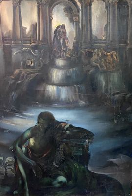 un tableau représentant un homme et une femme assis dans une fontaine