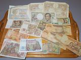 a tray with many different types of currency on it