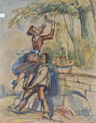 une image représentant un tableau où l'on voit un homme et une femme sur un pont