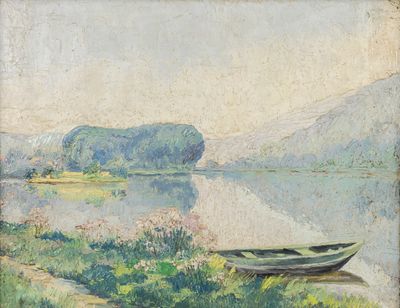 une peinture représentant un bateau au bord d'un lac