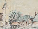 painting of a church with a steeple and a tower in the background