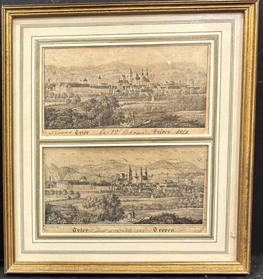 deux photos encadrées représentant respectivement une vue de ville et une vue de village