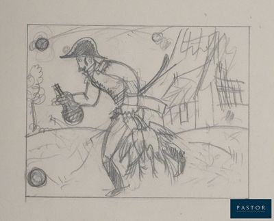 dessin représentant un homme tenant une batte de baseball et une balle à la main