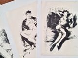 three black and white drawings of a woman sitting on a chair