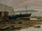 a painting of a boat on the shore of the water