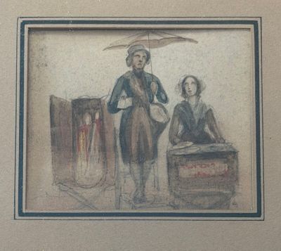 a drawing of a man and a woman with an umbrella