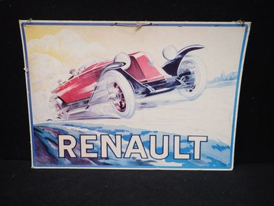 une vieille enseigne en tôle représentant une voiture de course sur fond noir