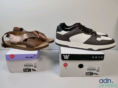 pair of men ' s sandals and a box of shoes on a table