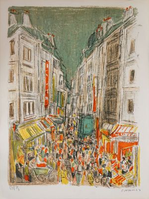 painting of a crowded street with people walking down the street