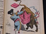 an old book with a picture of a man fighting a bull