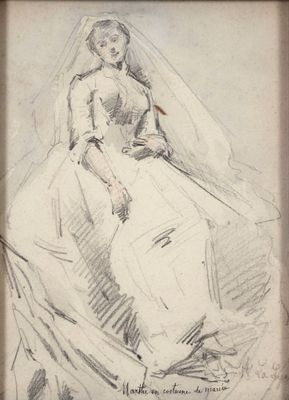 un vieux dessin représentant une femme en robe de mariée assise sur une chaise