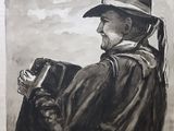 painting of a man in a hat and coat holding a gun