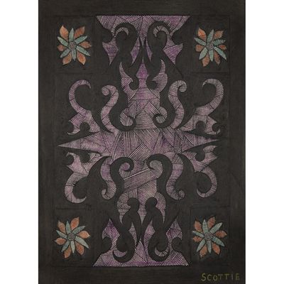 a black and purple quilt with a floral design on it