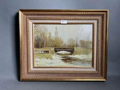 an oil painting of a bridge over a river in a gold frame