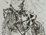 un dessin représentant un homme à cheval tenant un drapeau
