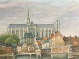a painting of a city with a river running through it