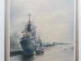 painting of a large boat in a body of water near a dock