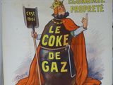 affiche représentant un homme déguisé en roi, tenant une pelle et une pancarte sur laquelle on peut lire « le coke de gaz »