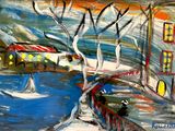 a painting of a boat in the water near a building