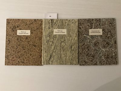 Trois livres sont alignés sur une table, avec des étiquettes dessus.