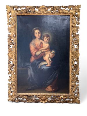 an old painting of a woman holding a child in her lap