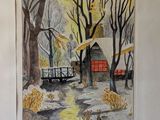 watercolor painting of a house in the woods with a bridge