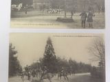 two black and white photos of horses and people in a field