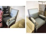 two pictures of a chair and a chair in a room