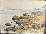 a watercolor painting of people fishing on the rocks
