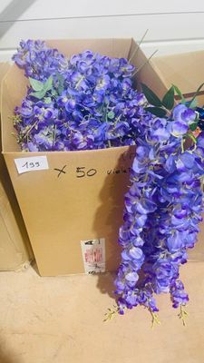des fleurs violettes dans une boîte en carton posée par terre à côté d'une autre boîte en carton