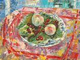 a painting of a plate of fruit on a table