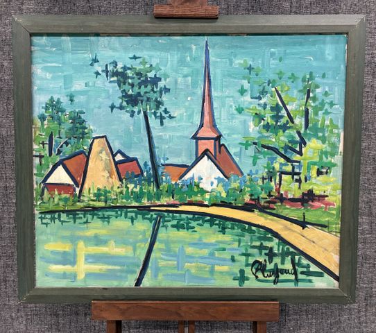 René PLUYAUD « L’église de Céaulmont ». Huile sur isorel. Signé e...