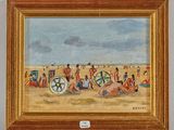 tableau représentant un groupe de personnes sur une plage avec des parasols