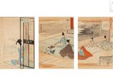 trois photos d'une femme en kimono assise par terre