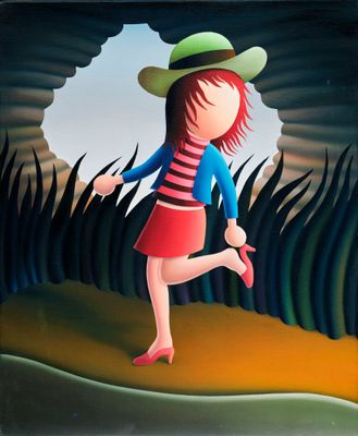 a painting of a little girl in a hat and dress