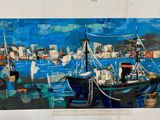 a picture of a painting of a boat in the water