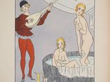 an old book with a drawing of a woman in a bathtub and two men in a bathtub