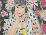 painting of a woman in a white dress and a hat with flowers in the background
