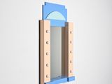 mirror with a blue frame and light bulbs on a white wall