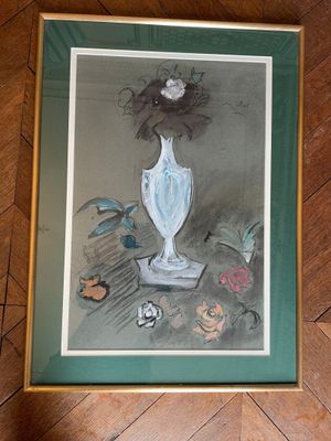 painting of a vase with a flower in it on a wooden floor