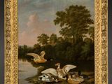 a painting of ducks and ducks in a river with trees in the background