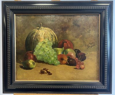 painting of a still life of fruit and vegetables on a table