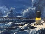 un tableau représentant un phare au milieu de l'océan