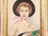tableau représentant une femme coiffée d'un chapeau, tenant un livre entre ses mains