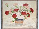a painting of flowers in a vase on a table