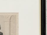 an old drawing of a man in a robe and a hat