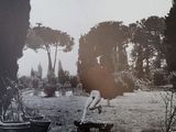 a black and white photo of a woman sitting on a bench in a park