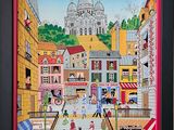 peinture d'une scène de rue avec une église en arrière-plan